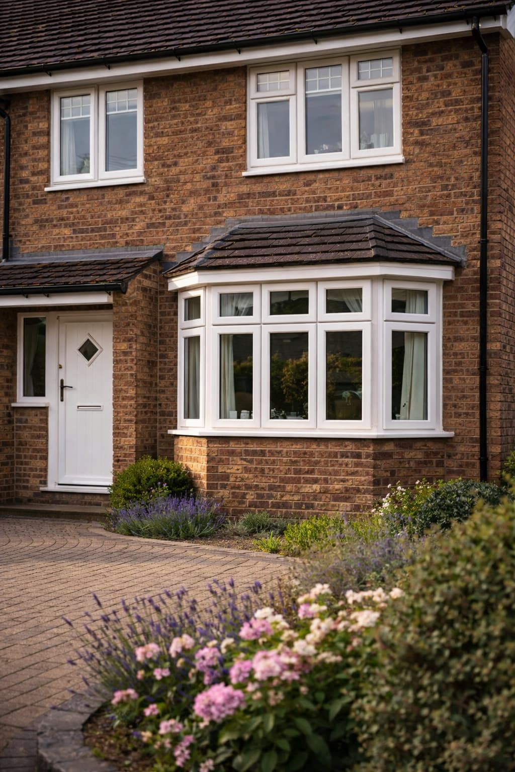 replacement uPVC bay window Halifax red brick house uPVC bay window replacement on a red brick house in Halifax with white double glazed windows